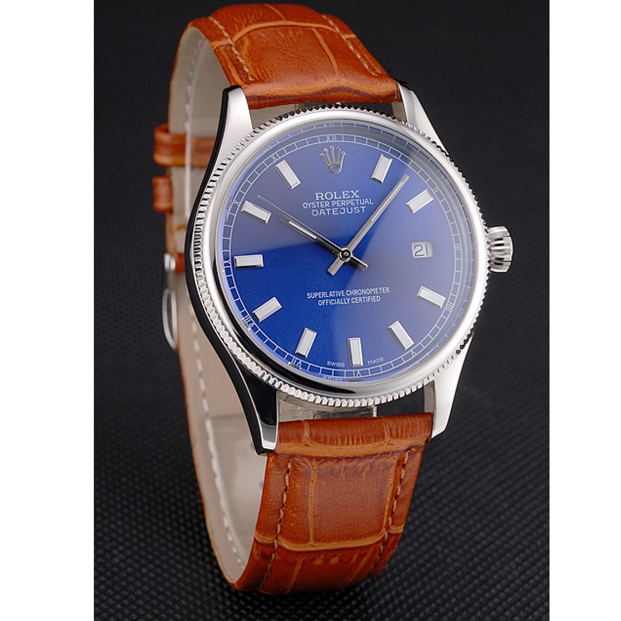 Best AAA Replica Sites Stainless Leather Swiss Case Rolex Steel Dial Blue Light Strap Brown Datejust 0701